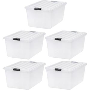 IRIS USA 68 Qt Stackable Plastic Storage Bins with Lids, 5 Pack - BPA-Free, See-Through Organizing Solution, Latches, Durable Nestable Containers, Secure Pull Handle, Made in USA - Clear