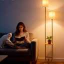 Lightdot 63Inch Floor Lamp with Table Dimmable Gold Floor Lamp for Living Room 2-Light Mid Century Modern Tall Standing Lamp with Fabric Shade for Bedroom/Sofa Beside/Corner Decor(Bulbs Included)