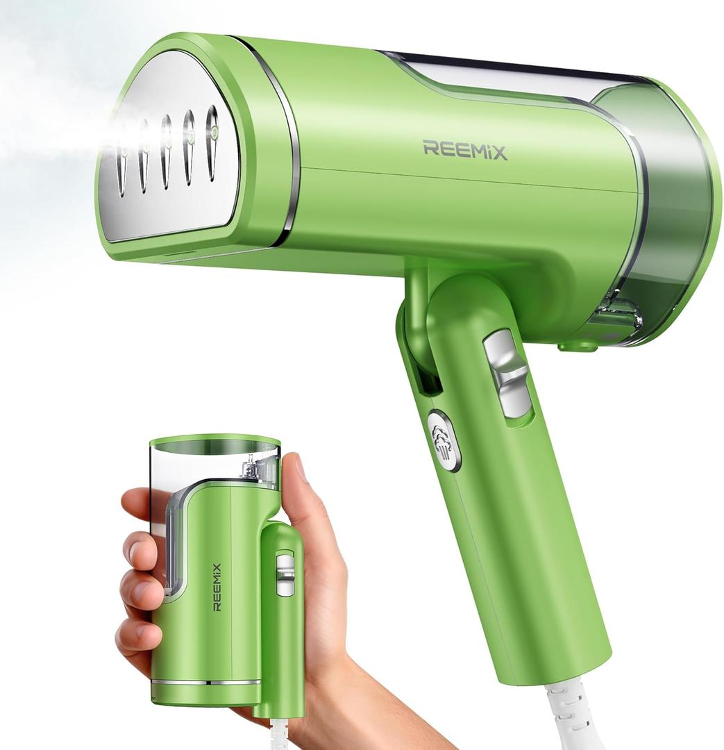 Reemix Portable Garment Steamer, Powerful Foldable Handhled Steamer 1300W, Travel Size Steamer For Clothes 20S Fast Heat-up, Fabric Steamer for Home & Travel, 120V Only (Green)