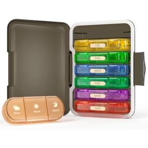 Weekly Pill Organizer 3X a Day, 7 Day Pill Box 3 Times, Portable for Travel Pill Case for Pills/Vitamin/Fish Oil/Medication/Supplements (3x7 Black+Rainbow)