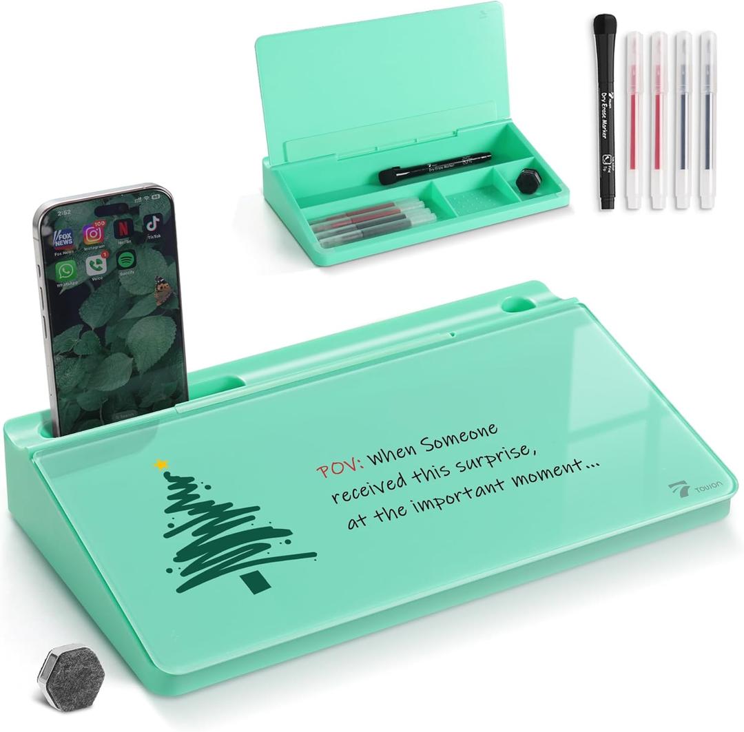 TOWON Small Compact Glass Desktop Whiteboard with Storage  12 x 7 in Dry Erase Board for Desk, Home Office, School | Includes 5 Markers, Eraser & Holder | Space-Saving Organizer, Aesthetic Mint Green