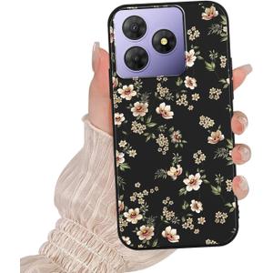 Cute Floral Phone Case for OSCAL Flat 2 6.56",White Flower Print Cartoon Kawaii Pattern Aesthetic Design Cases Soft Silicone TPU Slim Shockproof Protective Bumper Black Phone Cover