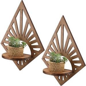 Menkxi 2 Pcs Boho Wall Shelf Mid Century Modern Shelf Wooden Rainbow Floating Shelves Brown Decorative Plant Wall Shelves Natural Vintage Hanging Holder for Nursery Living Room Decor(Diamond)