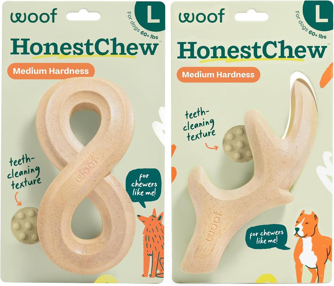 WOOF HonestChew Duo Dog Chew Toy Set for Dogs 60 lbs & Up
Includes Antler & Infinity, plant-based materials, splinter-resistant, durable chews, supports dental care, gift-ready set