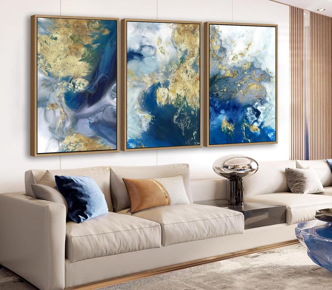 Large Abstract Framed Wall Art - Natural Float Framed Colorful Canvas Pictures Decor Blue Gold White Background Modern Artwork for Bedroom Living Room Kitchen Home Office Decoration 60" X 28" Set of 3