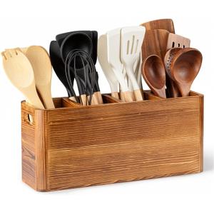 Extra Large Farmhouse Utensil Holder for Kitchen Counter, Large Wooden Utensil Holder with 4 Compartments