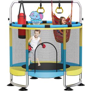 Yozoia 60" Toddler Trampoline, Indoor Trampoline for Kids with Safety Enclosure, 440LBS Support, Adjustable Gymnastics Bar & Toys for Boys Girls