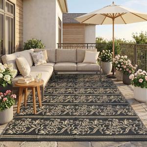 Garvee Outdoor Rugs 9x12 Waterproof Reversible Mat Boho Leaf Patio Rug with 4 Stakes and Storage Bag, Large Outdoor RV Mat Rugs for Camping, Picnic, Balcony, Deck, Backyard, Black & Brown