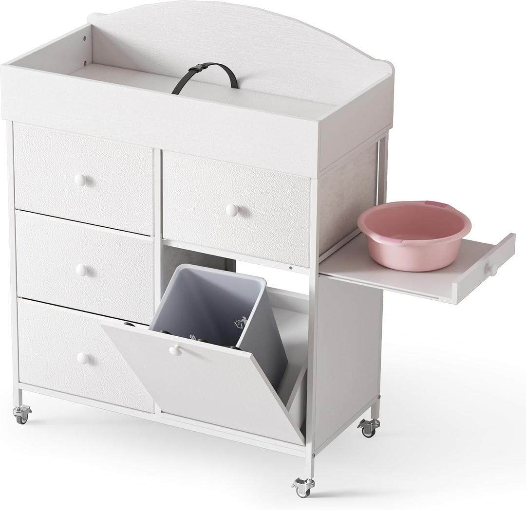 DTK Baby Dresser with Changing Table Top,4-Drawers Changing Table Dresser with Tile-Out Trash Cabinet and Pull-Out Shelf,Diaper Changing Station with Waterproof Pad and Storage for Nursery,White