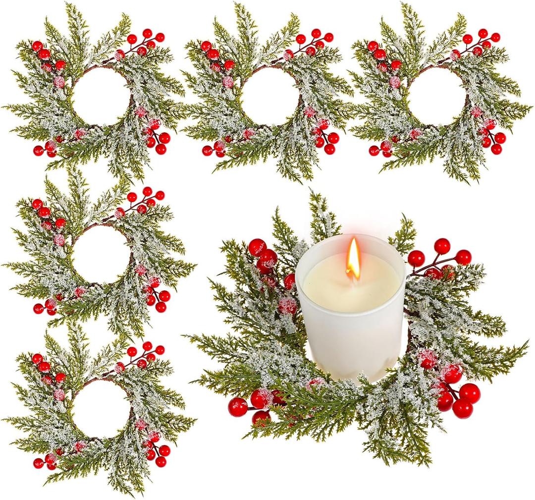 6 Pcs Christmas Candle Rings Wreath Red Berry Mini Cabinet Wreaths Artificial Snowy Wreath Candle Ring Holder for Christmas Table Centerpiece