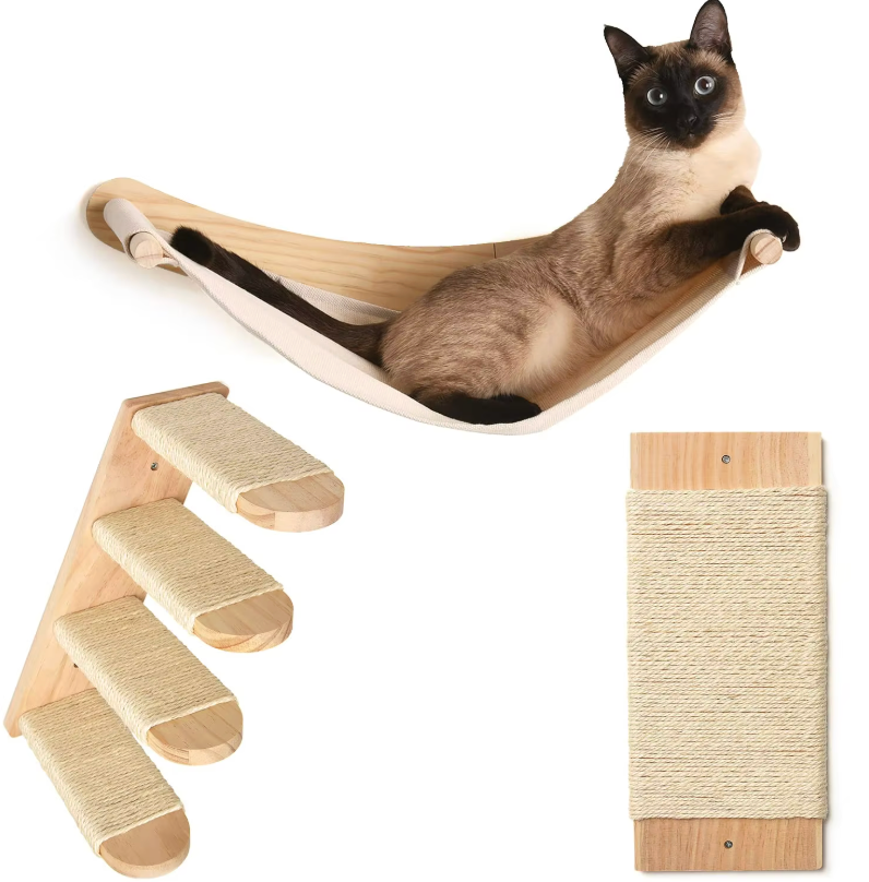 Chasing Tails Cat Wall Shelves - Four Step Cat Shelf with Scratch Board, Mounted Cat Shelves, Sturdy Cat Wall Furniture for Indoor Cats, Kittens - Extra Cat Wall Hammock Cover Included
