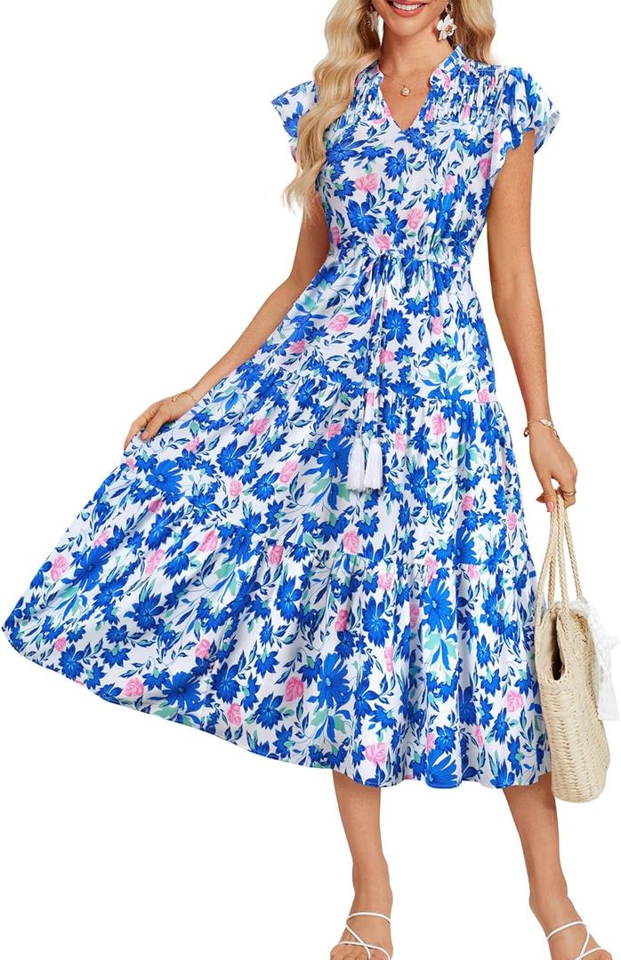 GRACE KARIN Womens Summer Floral Midi Dresses Short Sleeve Beach Wedding Guest Dress Drawstring Long Flowy Dress with Pockets (Large)