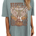 Oversized Rock Band T-Shirt Women Country Music Shirt Tops Nashville Music City Tshirt Vintage Guitar Wings Graphic Tees, Size M
