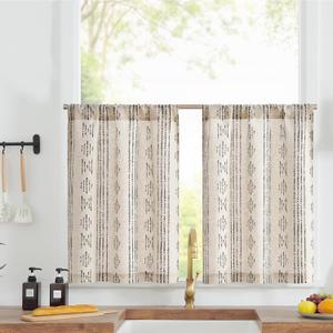 jinchan Boho Kitchen Linen Tier Curtains 30 Inch Bohemian Cafe Curtains Farmhouse Natural Striped Half Window Treatment for Bathroom RV Vintage Small Window Curtains 2 Panels Black on Beige