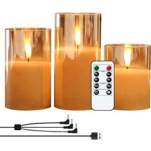 GenSwin Rechargeable LED Flameless Flickering Glass Candles with Remote Timer, Battery Operated Pillar Candles Long Lasting Gold Real Wax USB Candle (D 3H 456)