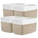 Storage Baskets for Organizing, 14 x 10 x 9” Closet Shelf Woven Baskets, Square Bins with Handles, Cotton Rope Basket for Clothes, Office, Room, White+Rice Brown 4 Pack