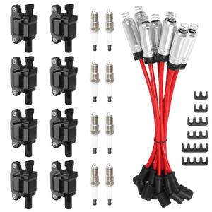 8Pcs UF413 Square Ignition Coils with M8-48322R 8mm Spark Plug Wires Set & 41-962 Platinum Spark Plugs Compatible with Chevy Silverado, Cadillac Escalade, Buick, GMC Sierra 4.8L 5.3L 6.0L 6.2L