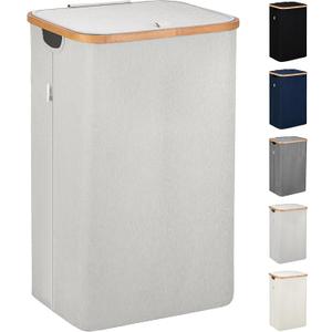 LONBET Laundry Basket with Lid, Made from Breathable Fabric | Aesthetic Clothes Hampers for Laundry with Side Handles & Sturdy Bamboo Frame (26 Gallons - Single, Light Gray)