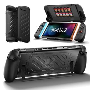 JSAUX Split Protective Case for Nintendo Switch 2, TPU Middle Frame & PC Front Cover, Non-Slip Ergonomic Grip, Storage for 10 Game Cards, Supports Stand Use, Shock Absorption & Anti-Scratch-PC0114 (Black)