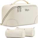 BOYATU Travel Makeup Bag Cosmetic Bags for Women: 3 Pcs Set Large Capacity Make up Bag with Handle - Waterproof Vegan Leather Toiletry Bags Travel Essentials with Compartments(C-3-White)