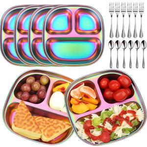 VZZNN 6 Pack Stainless Steel Kids Plates,Toddler Plate with Lid and Cutlery,Suitable for Family Gatherings, Kindergartens, Outdoor Activities and Travel(Colorful)