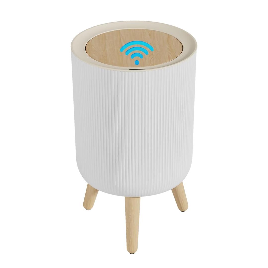 Automatic Bathroom Small Trash Can with Lid, 2.38 Gal Smart Motion Sensor Wastebasket, Waterproof Garbage Can with Legs and Wood Grain Top for Kitchen,Bedroom,Office,Desk, Living Room, RV