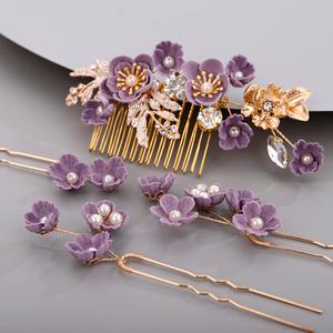 Rhinestone Flower Hair Pieces Bridal Purple Flower Hairpins Hair Comb Set for Bride Bridesmaid 4pcs