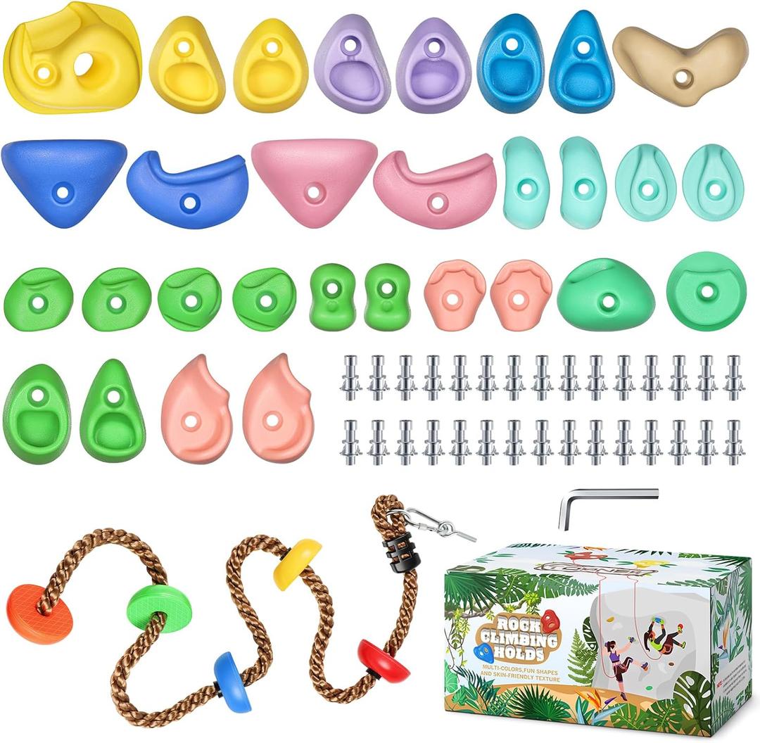 TOPNEW 30PCS Rock Climbing Holds with 6.56FT Climbing Rope - Climbing Rocks for Indoor/Outdoor Kids Adults Rock Wall, Play Set & Playground Gym