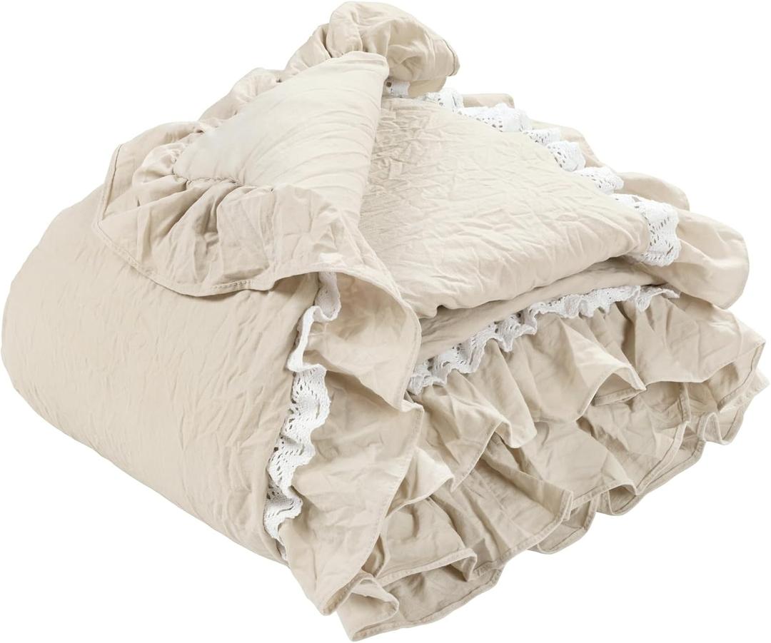 Lush Decor Ella Ruffle Lace Throw Blanket, 50" W x 60" L, Neutral - Coquette Throw Blankets for Bed - Couch Blanket - Ruffled Throw Blanket for Couch