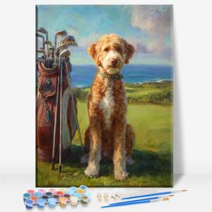 Aeontinity Labradoodle Dog Golf Sport Framed Canvas DIY Paint by Numbers Kit Bar Cafe Cave Home Room Wall Bathroom Porch Patio Decor Gift, 16 x 12 Inch