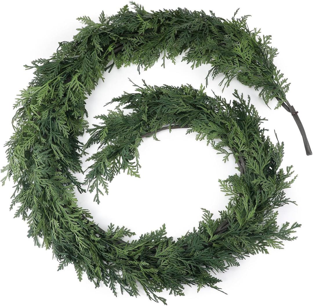 Jutom 1 Pcs 9 ft Christmas Cedar Garland Greenery Realistic Cedar Pine Needles Garland Artificial Decoration for Table, Mantel, Wall, Home Winter Holiday Party Decor