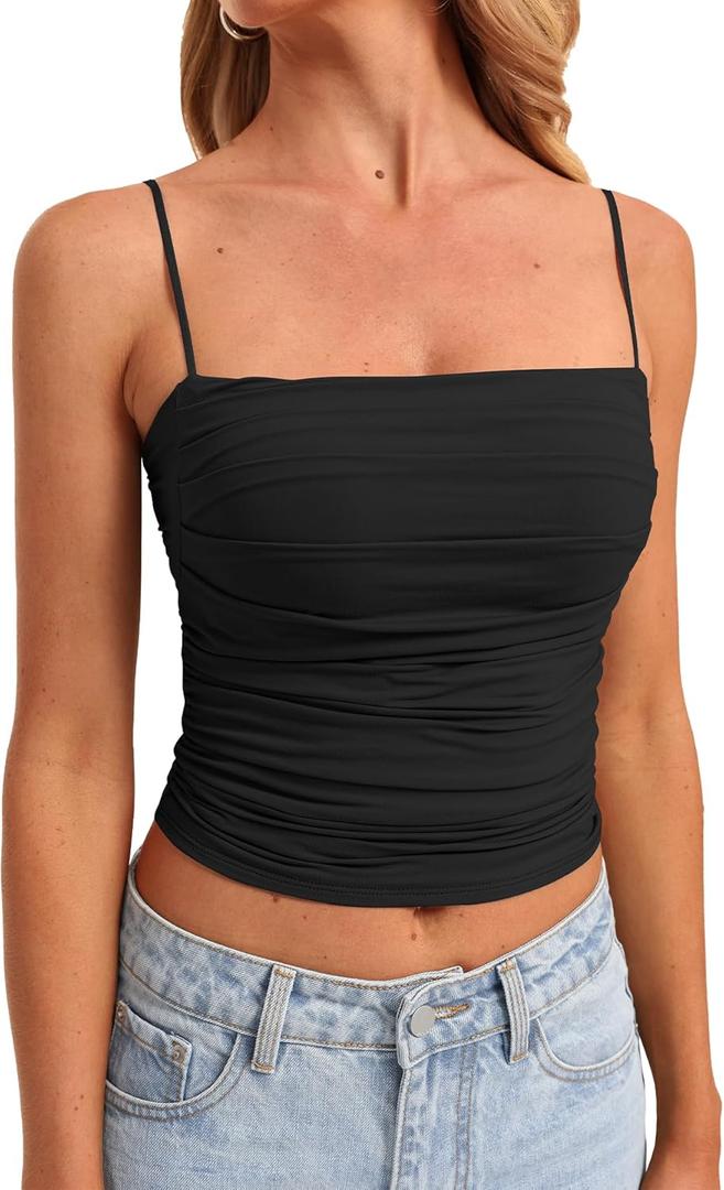Darong Women Padded Double Lined Ruched Tank Tops Bulit in Bra Summer Spaghetti Strap Going Out Crop Tank Shirts (X-Small, Black)