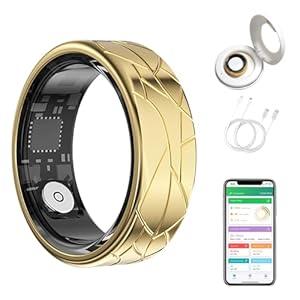 GenXenon Smart Ring for Women Men, Heart Rate/ Blood Oxygen/ Sleep Tracker/ Step Counter, Fitness Ring with Magnetic Charging Case, 5ATM Waterproof for iOS & Android, No Subscription Fee (Gold 8-1)