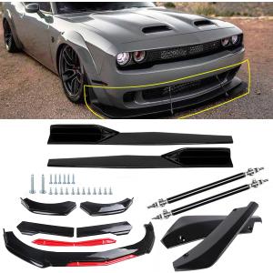 Front Bumper Lip Splitter Spoiler + Strut Rods Bright Glossy Black+Red Polyurethane Fit for Do-dge Challenger SRT SXT RT (Glossy Black spoilder Lip)