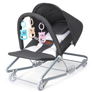 HKAI Rocking Baby Bouncer with Canopy, 2-Mode Rocking & Rolling Infant Seat, Portable Baby Chair for 0-18 Months, Grey
