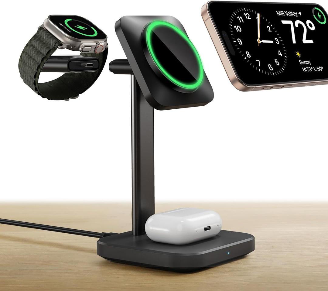 ESR for 3 in 1 Wireless Charging Station, Certified Apple Watch Charger, 15W MagSafe Charger Stand for iPhone, Wireless Charger for Multiple Devices iPhone 17/16/15/14/13, Watch, AirPods, Black