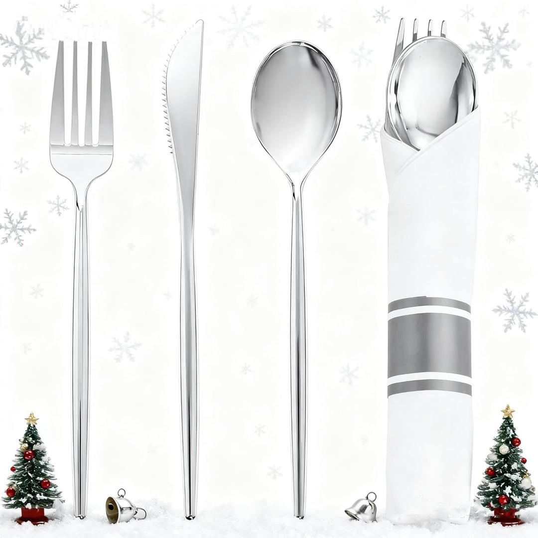 SUT 50 Pack Pre Rolled Silverware Set Disposable, 200 Pcs Silver Plastic Utensils Include 50 Forks, 50 Knives, 50 Spoons and 50 Napkins, Plastic Cutlery, Wrapped Silverware Set Disposable for Party
