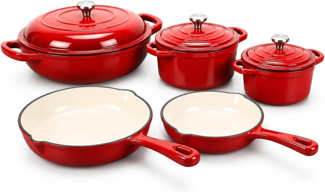 QuliMetal 5-Piece Red Enameled Cast Iron Cookware Set | Includes 8" frying pan, 10" skillet, 2.8QT and 3.5QT Dutch ovens, and 4.7QT casserole., Red 5PC-F