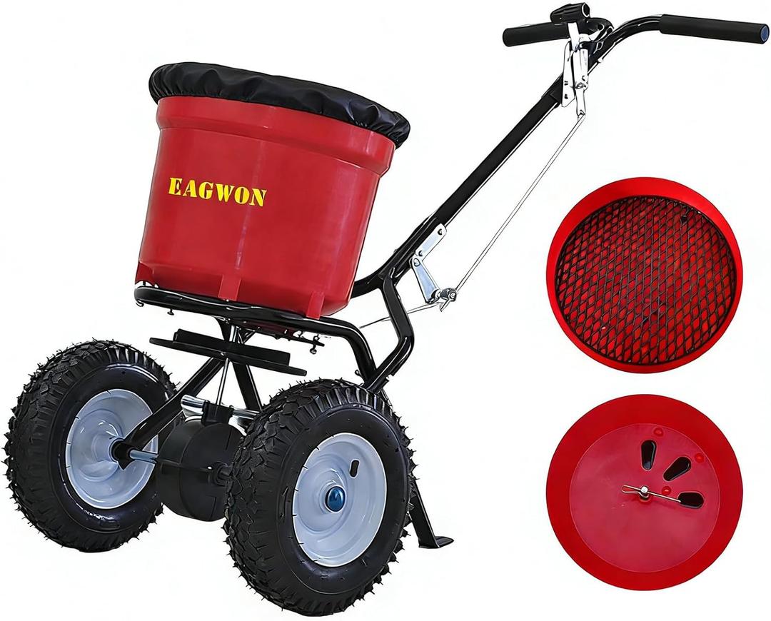50lb Broadcast Spreader, Capacity Lawn Spreader & Fertilizer Spreader, Rustproof Poly Hopper, Adjustable Drop Rate, All-Terrain Pneumatic Tires, Epoxy-Coated Frame for Lawn Care, Red