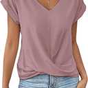Womens Summer Tops 2025 Twist Front Tunic Shirt V Neck Cap Sleeve Blouse Business Casual Outfits (Medium, Dusty Pink)
