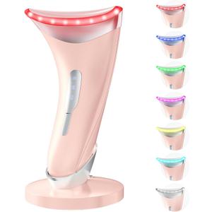 7 Color Light Therapy Facial Massager with Adjustable Vibration and Thermals for Wrinkles, Double Chin, Red Light Skin Care Tool with Base, Pink