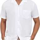 5 x Men's Short Sleeve Button Down Shirt Cuban Collar Anti-Wrinkle Shirt Casual Summer Beach Shirt (White, XL)