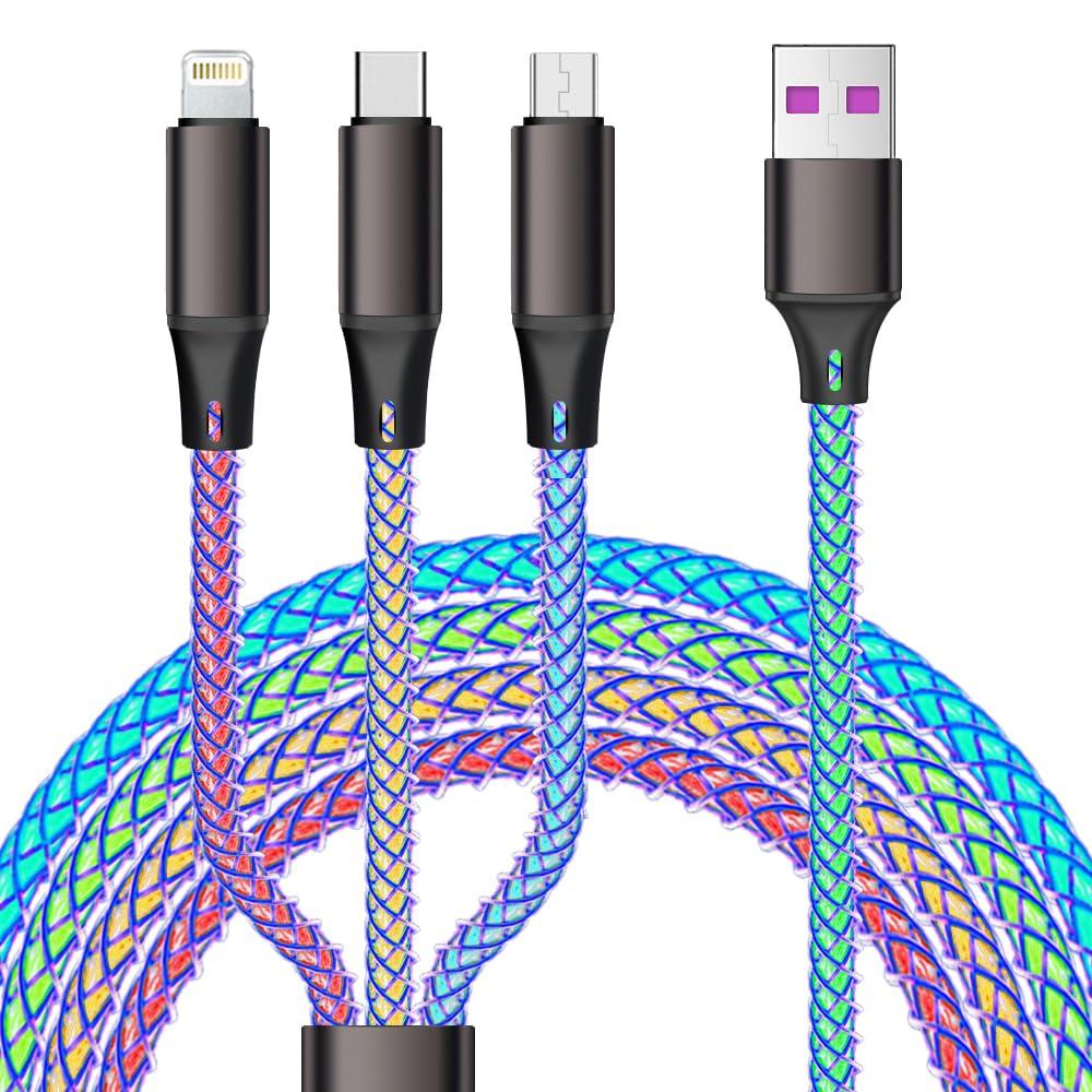 3in1 LED Multi Charging Cable, 4ft RGB Light UP Gradual USB to Lightning/Micro USB/Type-C Multi Charger Cable 6A Fast Charing Cord for iPhone, Samsung Galaxy, LG, Tablets and Most Cell Phones