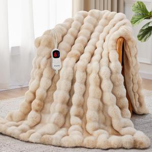 Anysay Heated Blanket Throw with 1/2/4/6/8 Hours Auto-Off 10 Heat Level, 50'' * 60'' Cozy Faux Rabbit Fur Bubble Electric Blanket with Overheat Protection(Beige)