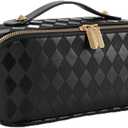 Travel Makeup Bag Large Capacity Cosmetic Bags for Women, Waterproof Toiletry Bag Open Flat Makeup Bag with Compartments and Handle, Portable Cosmetic Organizer Pouch, Diamond Black