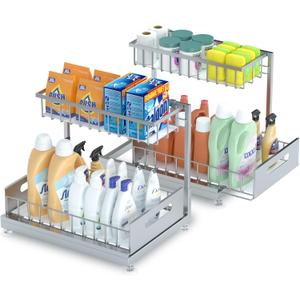 Saydear Under Sink Organizer Storage 2-Tier Premium Metal Pull-Out Kitchen Cabinet Organizer with Sliding Drawer, Height Adjustable, Heavy Duty for Kitchen & Bathroom Organizers 2 Pack Grey