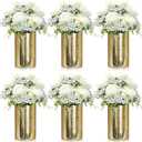 6 Sets Gold Cylinder Candle Vases Centerpiece with Flower for Table Artificial Peony with Baby's Breath Flowers Hurricane Candle Holder Mason Jars for Wedding Bridal Shower(White)