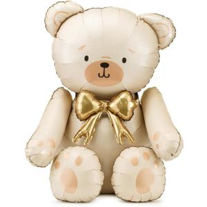 Giant Teddy Bear Foil Balloon PartyDeco 29.5x33 Inch Cute Cream Bear Balloons with Gold Bow for Baby Shower, Birthday Kids, Gender Reveal Neutral Party Decor