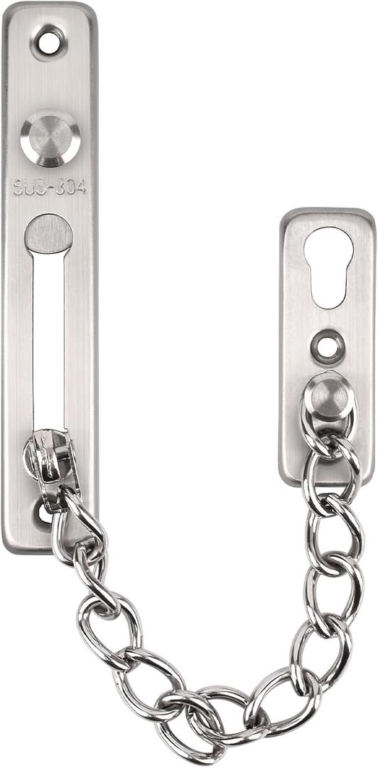 Heavy Duty Door Chain Lock - 304 Stainless Steel, Spring Loaded Pushbutton Latch, Child & Pet Proof, No-Drill Installation for Interior,Front,Hotel Doors (Brushed Silver)