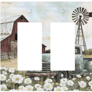 Retro Trucks Old Barn Windmill Teal Car Rustic Decorative Outlet Covers 2 Gang Double GFCI Rocker Electrical Wall Panels Light Switch Cover Plate for Farmhouse Home Decor